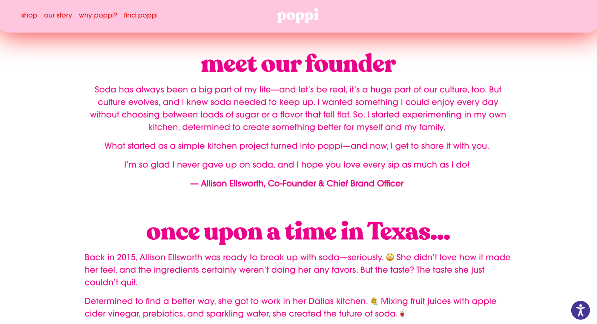 Poppi landing page for "our story" with information about meeting the founder.