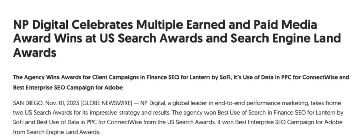A press release celebrating NP Digital winning some industry awards.