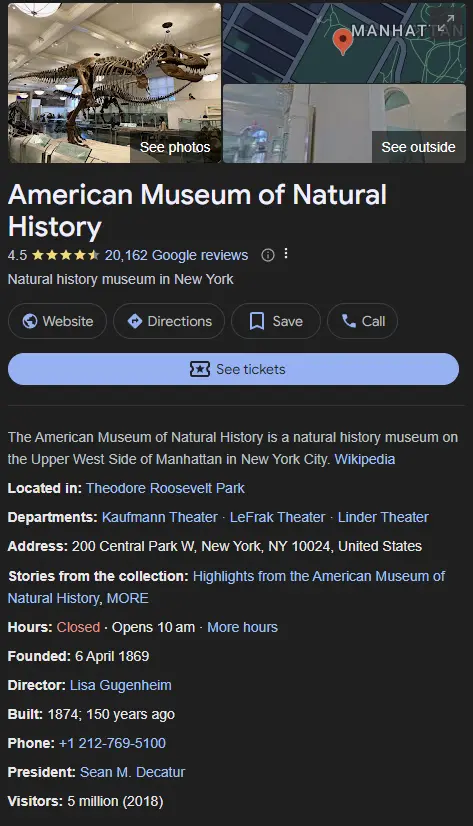 A Google Business Profile of the American Museum of Natural History.