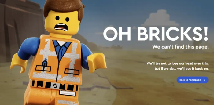 A broken link error page example from Lego.