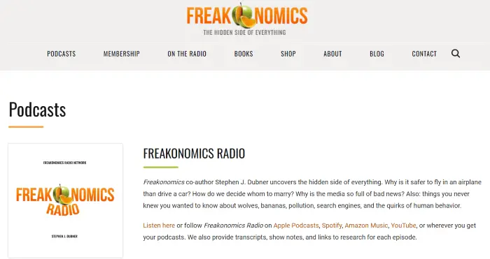 Homepage of the Freakonomics podcast.