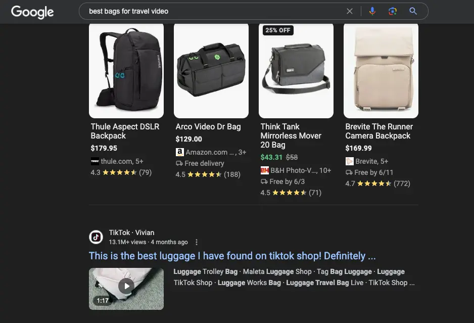 A Google search for best bags for travel dideo.