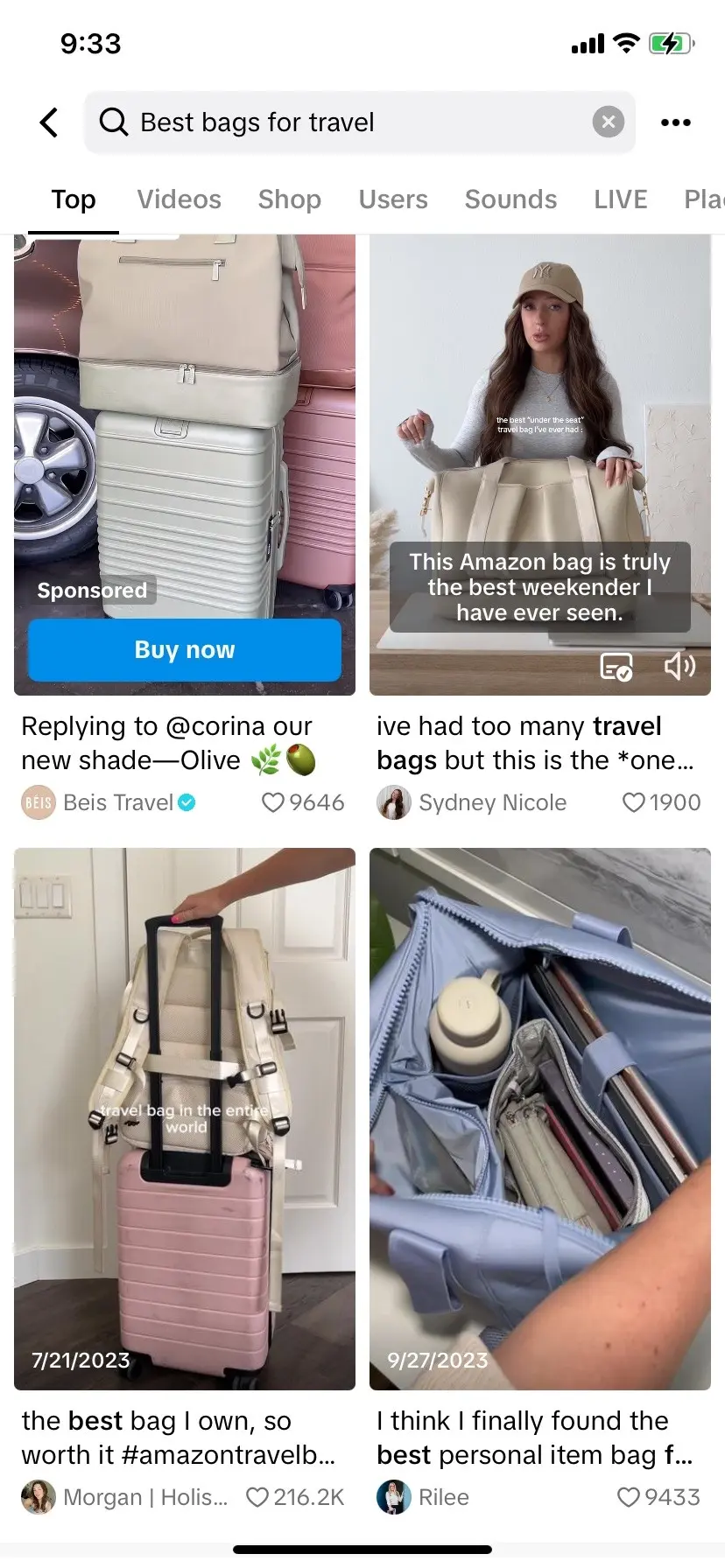 TikTok results for Best Bags for travel.