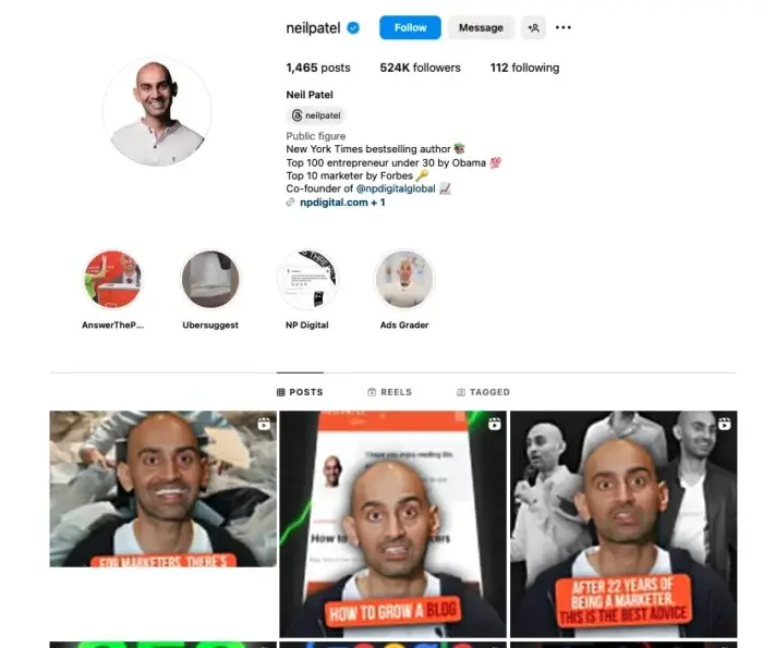 Neil Patel's Instagram page.