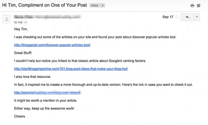 An example of a backlink pitch.