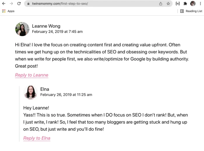 A comment conversation from Leanne Wong that could lead to a backlink.