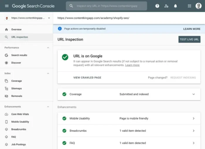  A detailed Google Search Console URL Inspection Tool report for one of the pages under the domain www.contentking.app.
