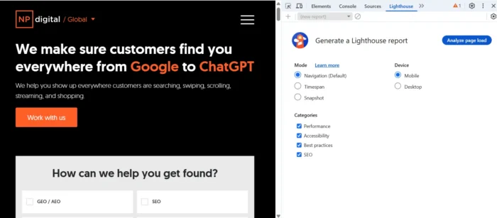 A screenshot showing how to navigate to the Lighthouse report using the steps described above.  