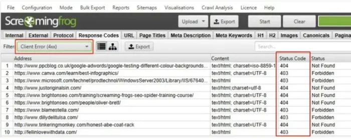 The results of a Screaming Frog SEO Spider report filtered to show only pages that send a Client Error (4xx) message. 