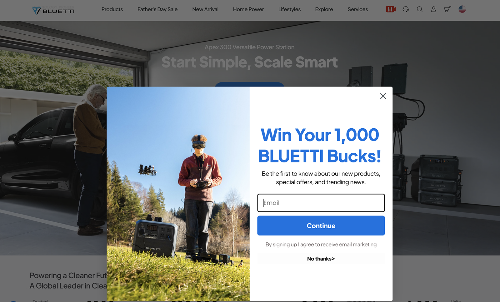 Bluetti popup to signup to win 1,000 Bluetti bucks.