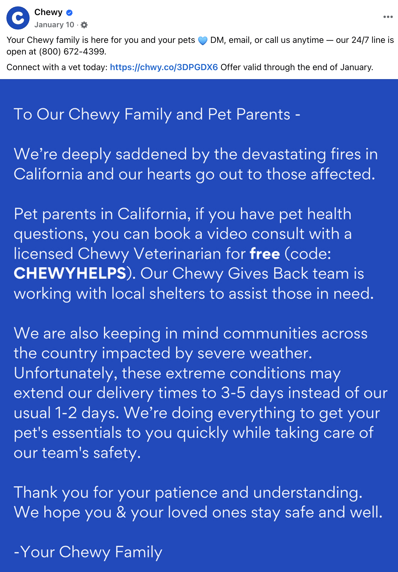 Chewy social media post to pet parents about California fires.