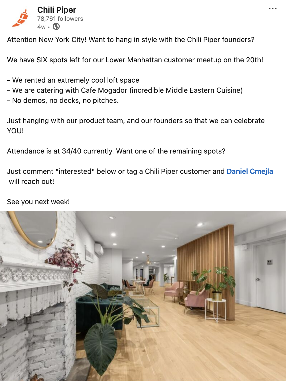 Chili Piper social media post for an invite only meet up in New York with the founders.