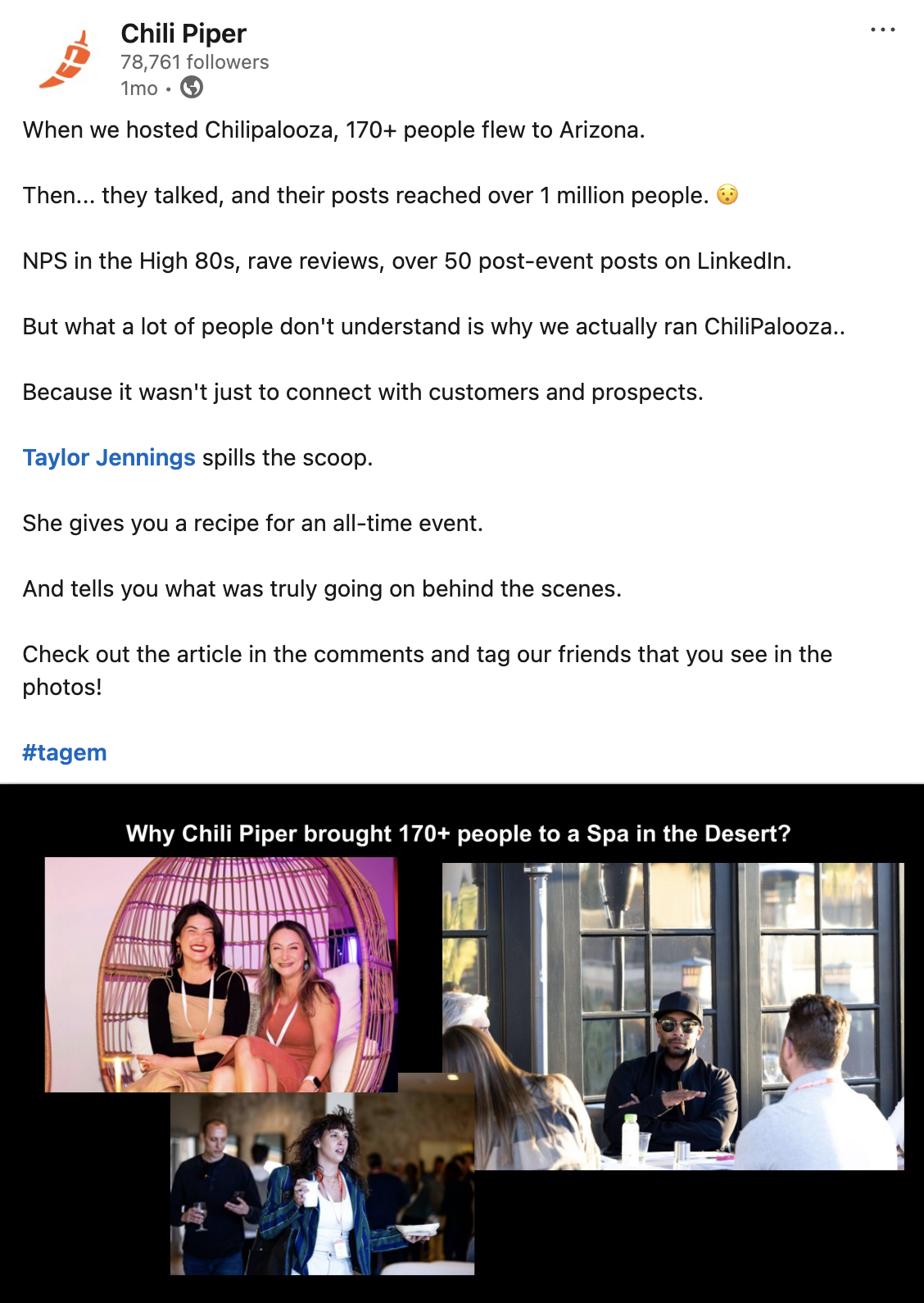 Chili Piper social media post for an invite only even for a spa.