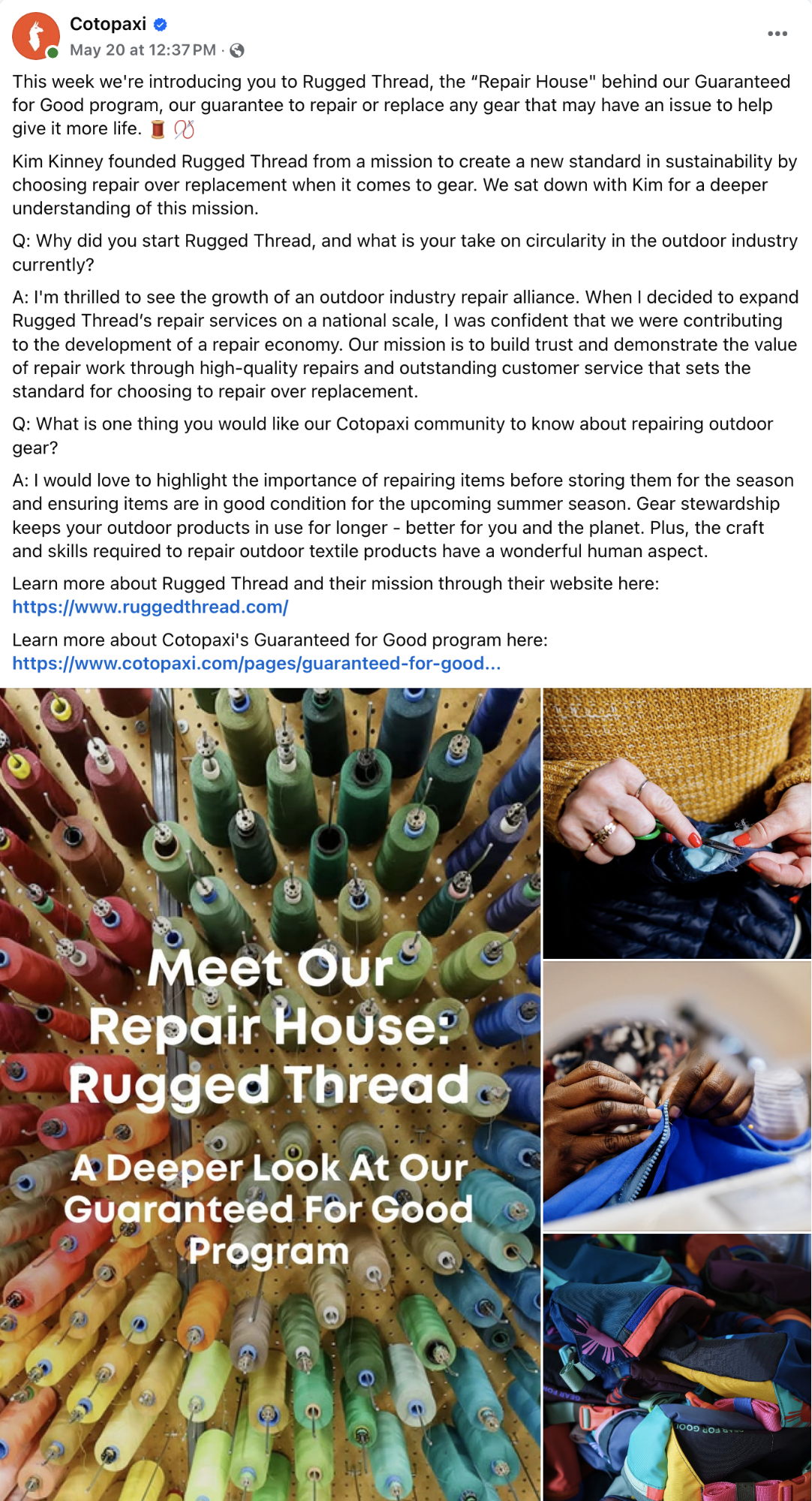 Cotopaxi Facebook post introducing followers to the people who repair the used items.