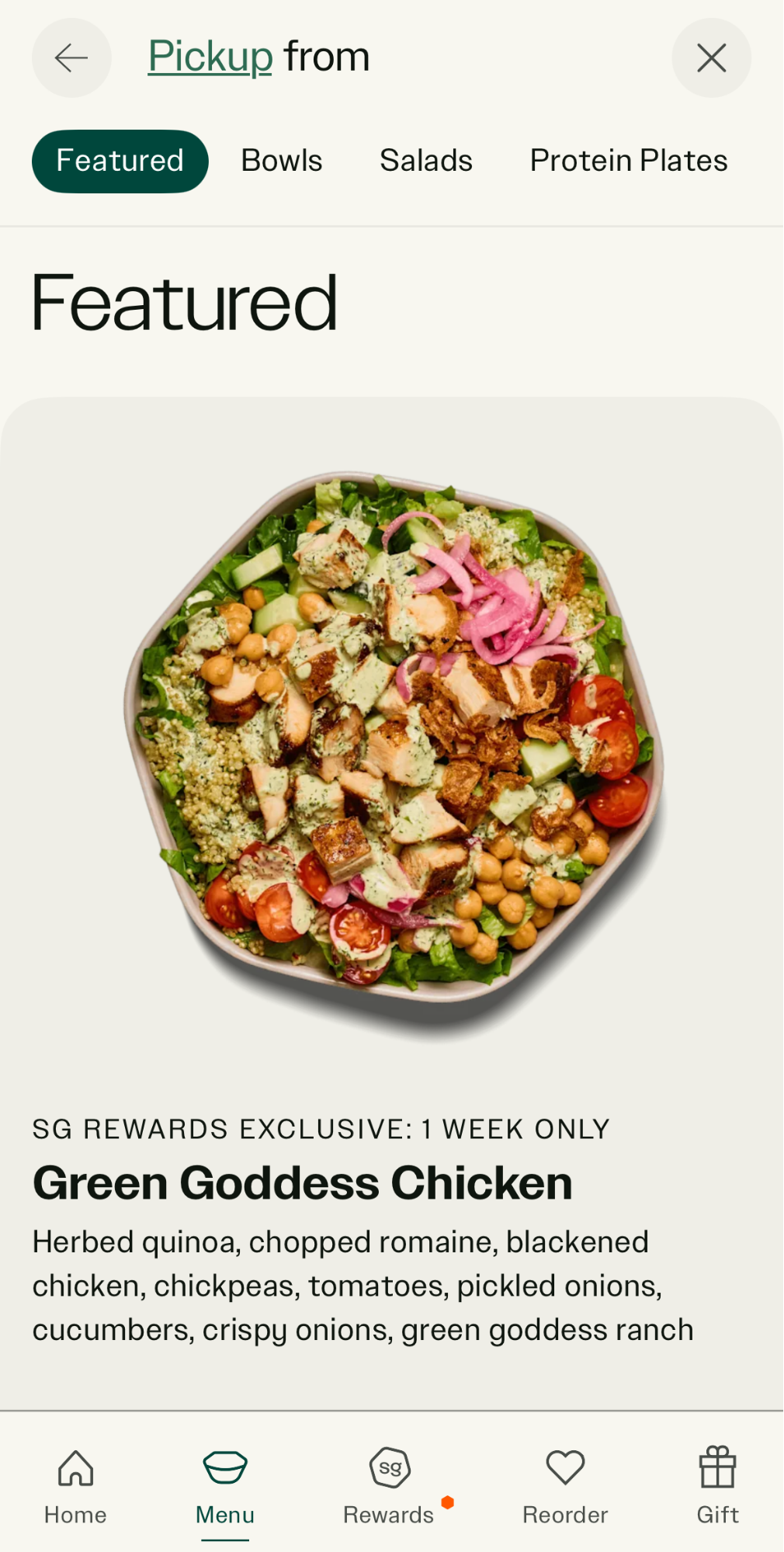 Sweetgreen featured menu with a chicken salad shown.