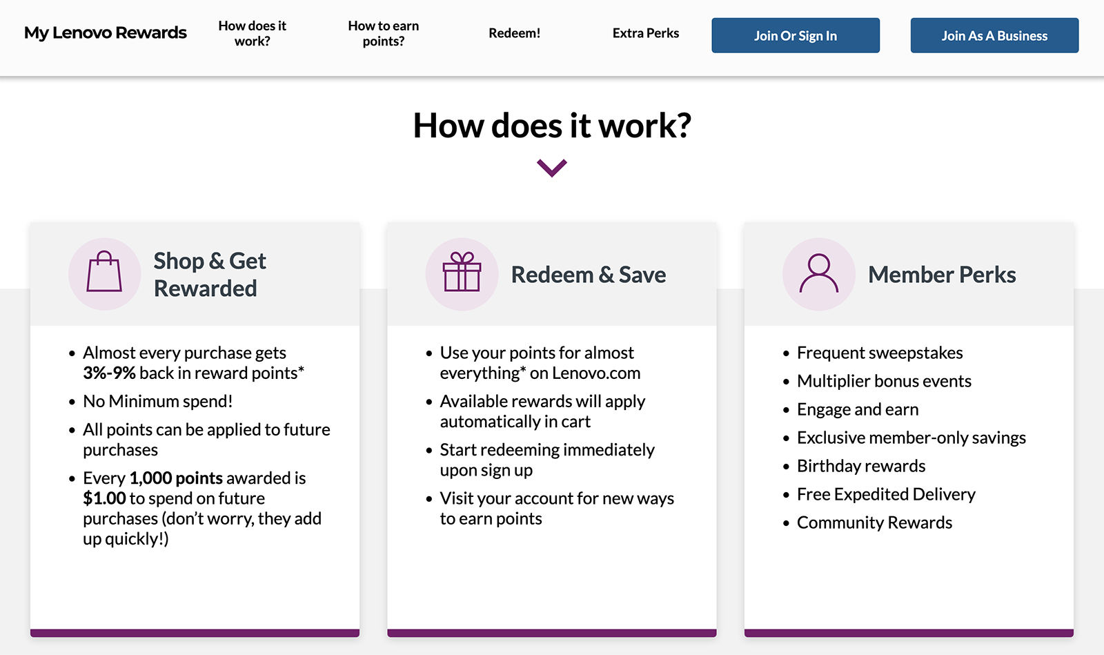 My Lenovo Rewards "how does it work" page.
