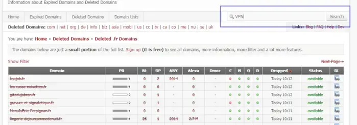 Information about expired domains. Information about expired domains.