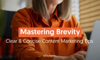 A graphic saying "Mastering Brevity: Clear & Concise Content Marketing Tips.