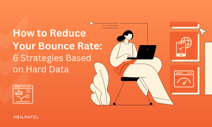 Illustration of a person working on a computer with an orange background and text that reads "How to Reduce Your Bounce Rate: 6 Strategies Based on Hard Data."