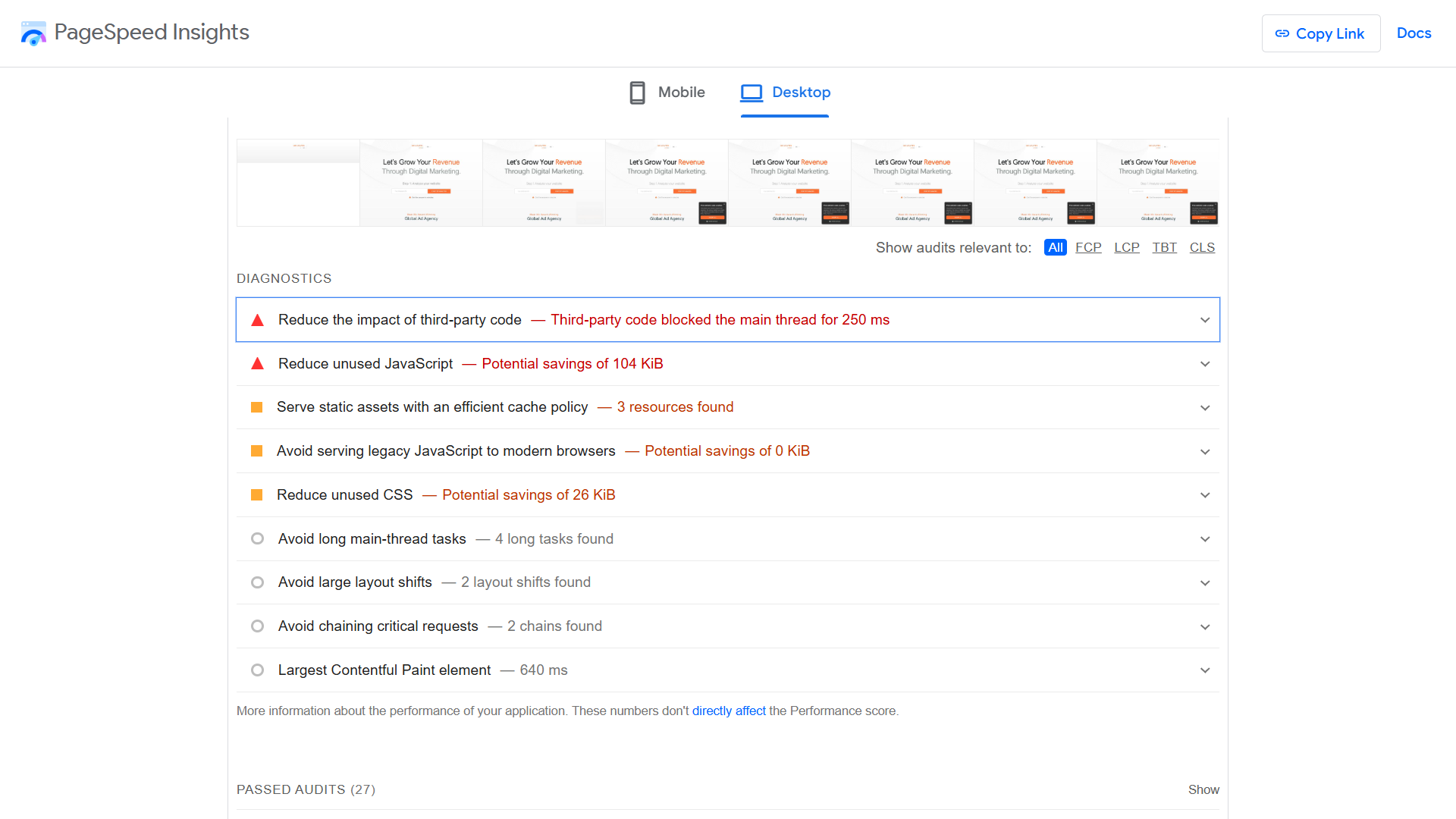 PageSpeed insights diagnostics report.