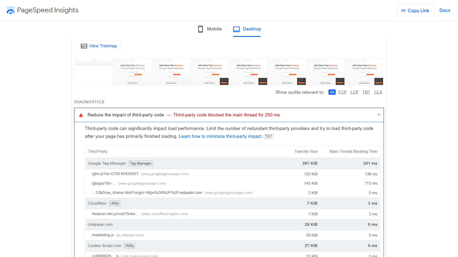 PageSpeed Insights treemap diagnostics report.