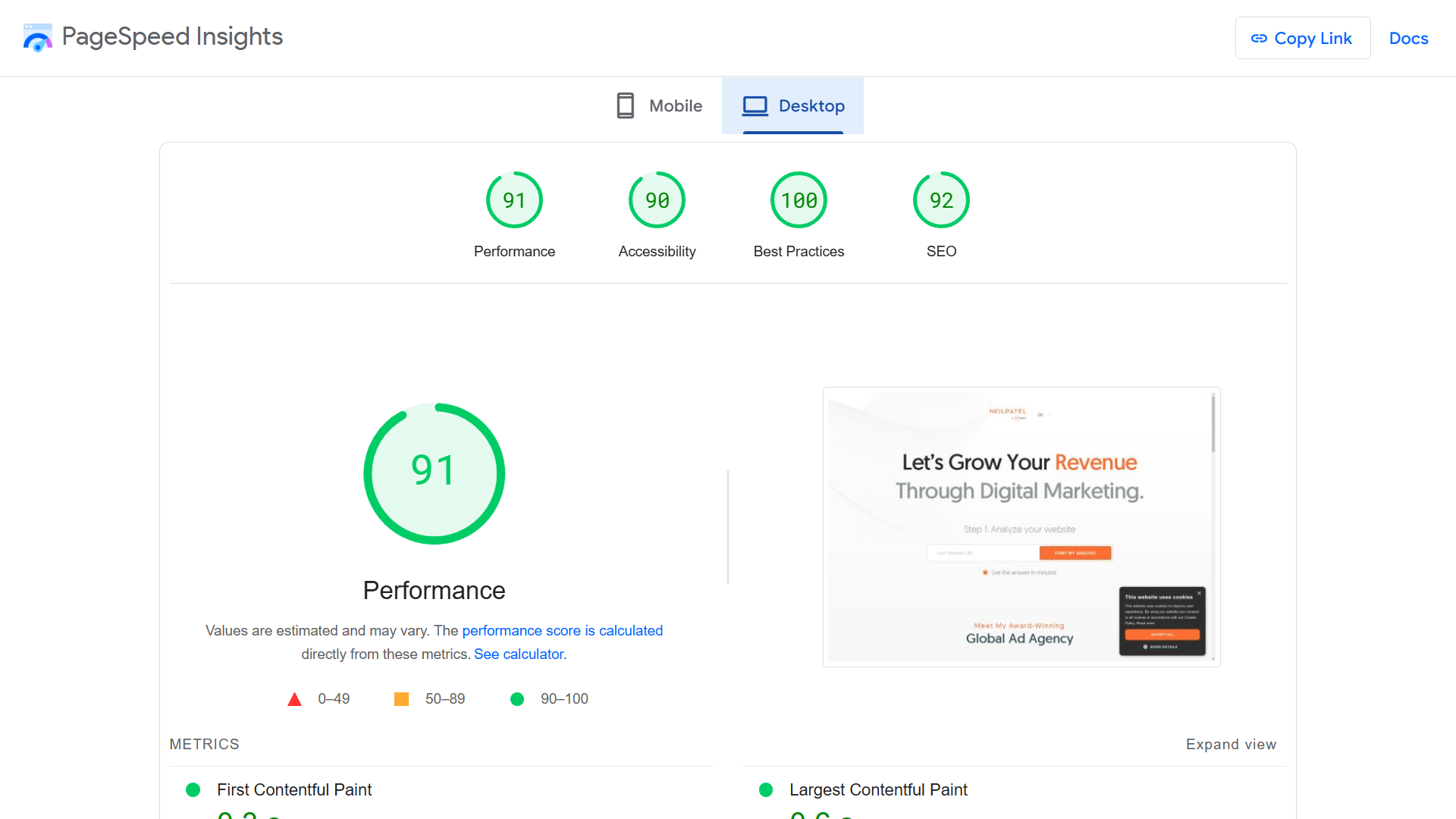 PageSpeed insights showing the performance report for webpage.