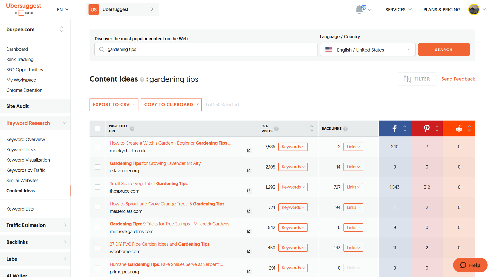 Ubersuggest content ideas for "gardening tips."