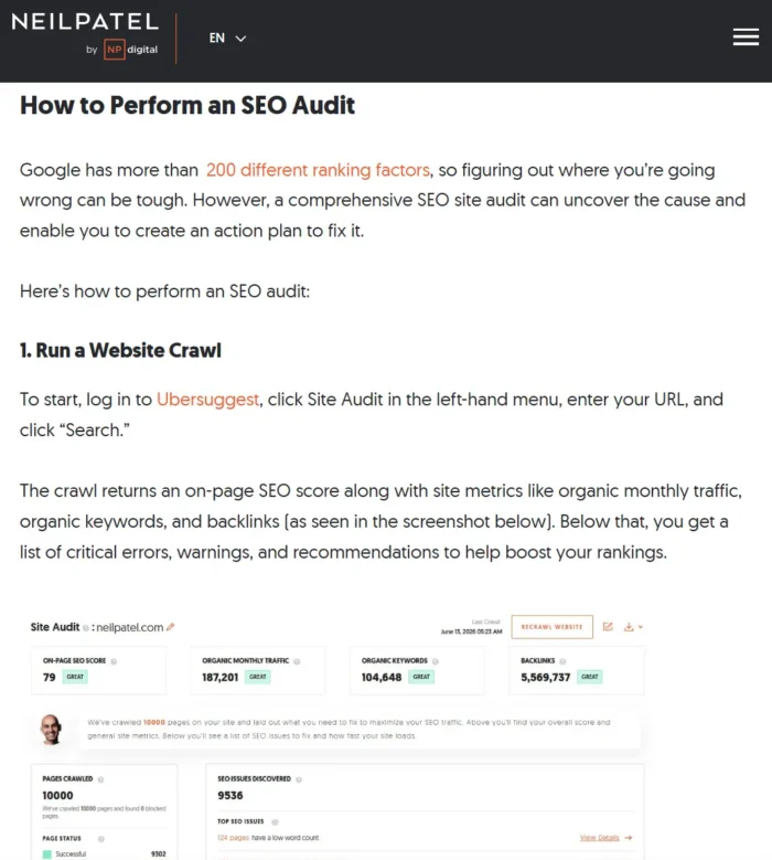 A screenshot from NP Digital showing insights from the blog post entitled 'How to Do an SEO Audit: A Step-by-Step Website Audit Guide'.