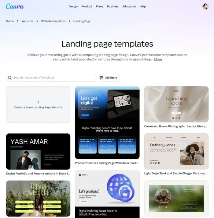 Canva's landing page templates page, displaying a grid of professionally designed, customizable landing page templates for websites, including options for businesses, portfolios, and product launches.