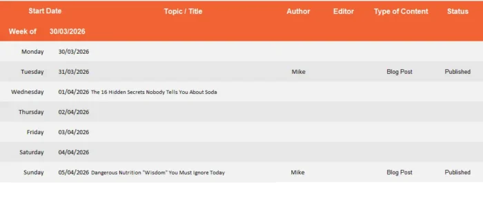 An Editorial Calendar Spreadsheet by Neil Patel from SEO Unlocked, from his free SEO training course.