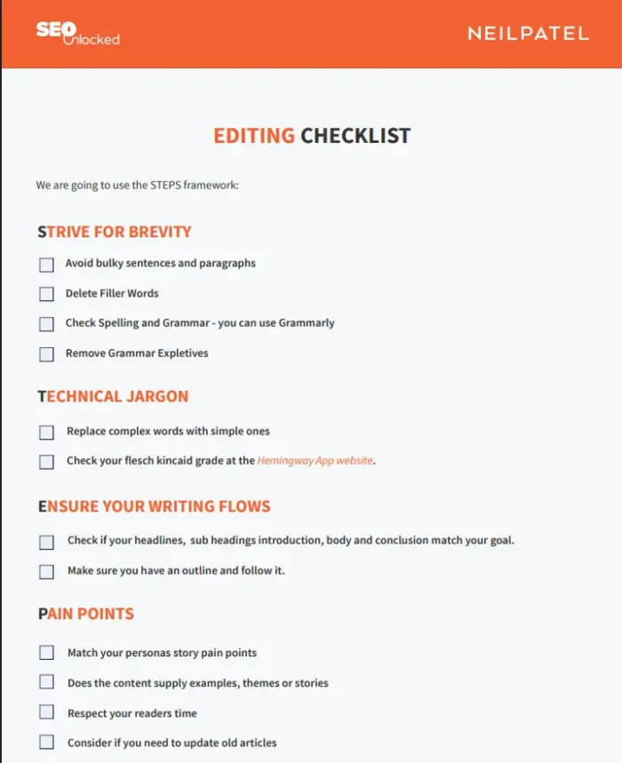 A content editing checklist by Neil Patel from SEO Unlocked, his free SEO training course.
