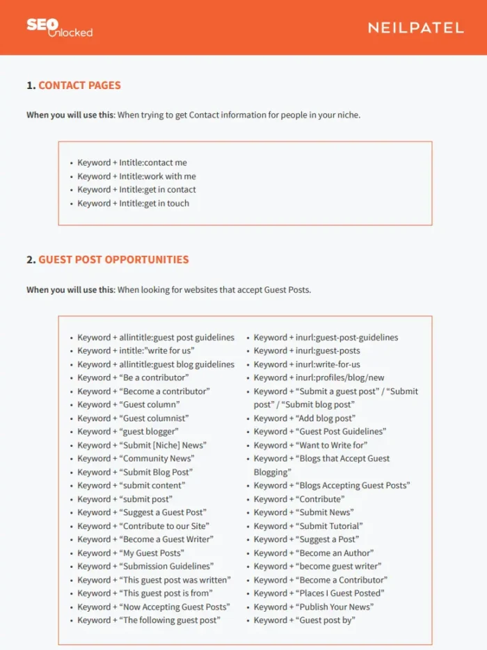 A link-building search operators spreadsheet by Neil Patel from his free SEO training 