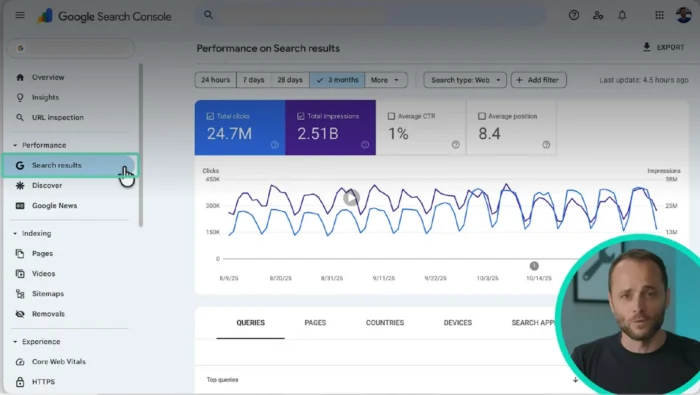 Still from a video by Google explaining how to analyze performance on Google Search Console with the Performance report.