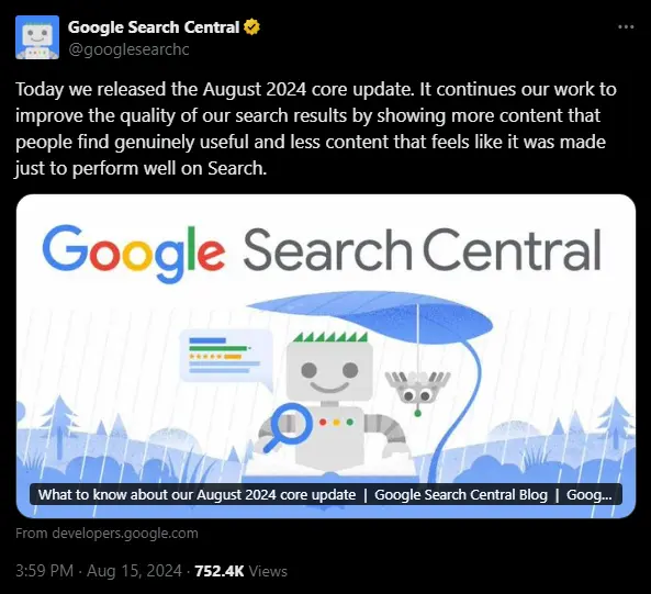 ทวีตจาก Google ยืนยันการปรับปรุงหลักของ Google สิงหาคม 2567