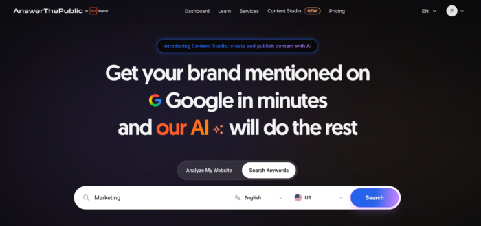 Answer the Public platform selector showing Google, Bing, Amazon, YouTube, TikTok, Instagram options