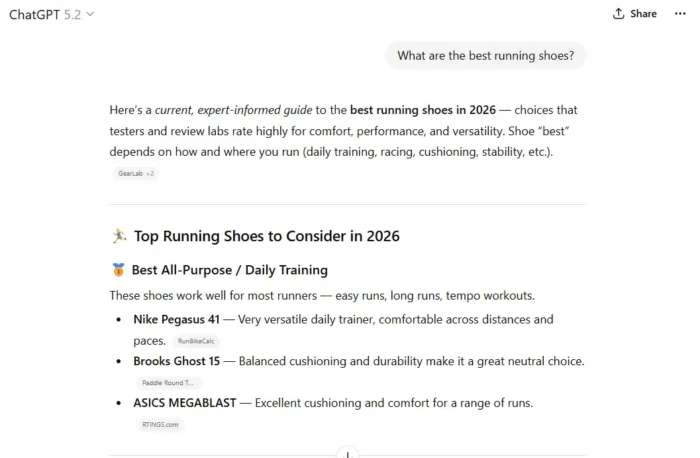 Example of an AI chat assistant returning a summarized product recommendation list, showing how search increasingly happens inside answer engines.