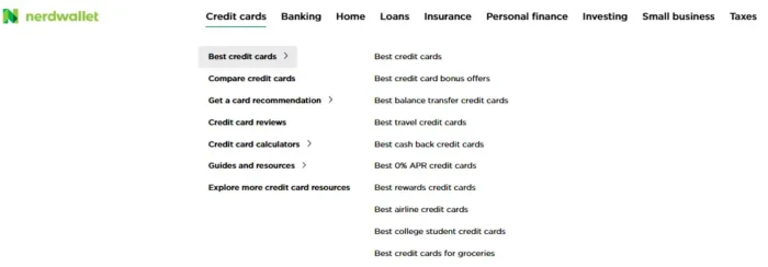 NerdWallet credit cards hub showing a structured topic cluster with subcategories like travel, cash back, balance transfer, and student cards organized under a single pillar. 