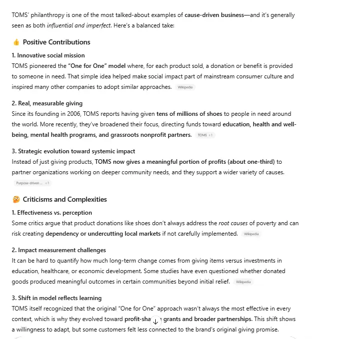 A ChatGPT result talking about TOMS philanthropy efforts.