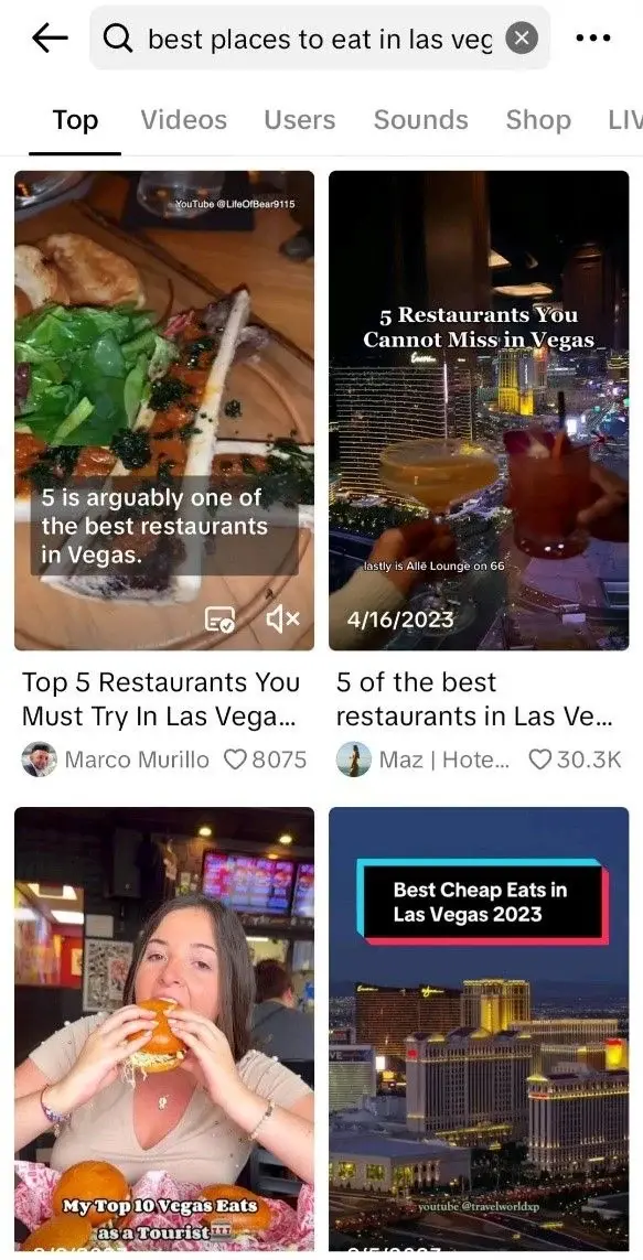 TikTok search results for ‘best places to eat in Las Vegas,’ showing short videos answering a local restaurant query instead of traditional search links. 