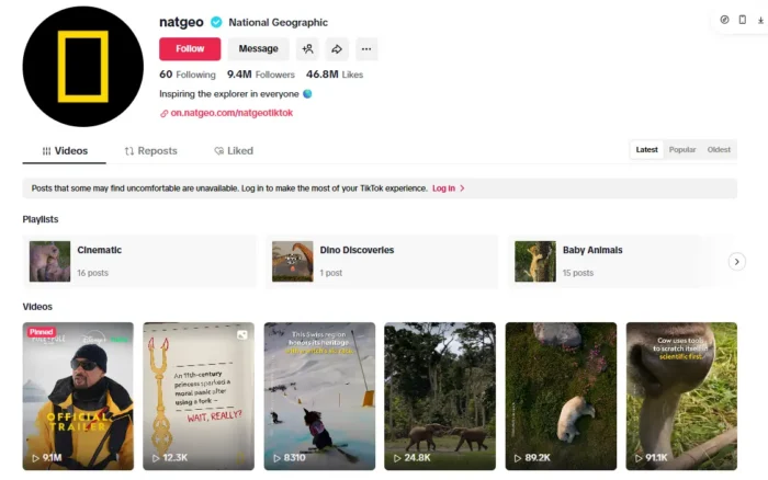 National Geographic’s TikTok profile showcasing educational, documentary-style videos that prioritize learning and storytelling over high-volume posting. 