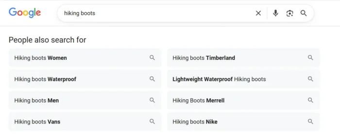 Google People Also Search For hiking boots results