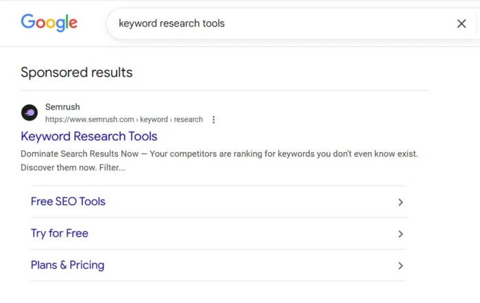 Google results for keyword research tools query