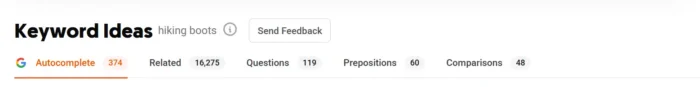 Ubersuggest keyword filter tabs for hiking boots