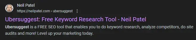 Ubersuggest’s Google snippet contains the fundamentals of landing page SEO best practices, showcasing an optimized page title and meta tags. 