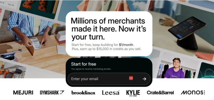 Shopify entices users to sign up for a free trial by touting the millions of merchants who have “made it” on its platform. They also reference a $ 1-per-month subscription offer and $15,000 in credits for users who sell on their platform.