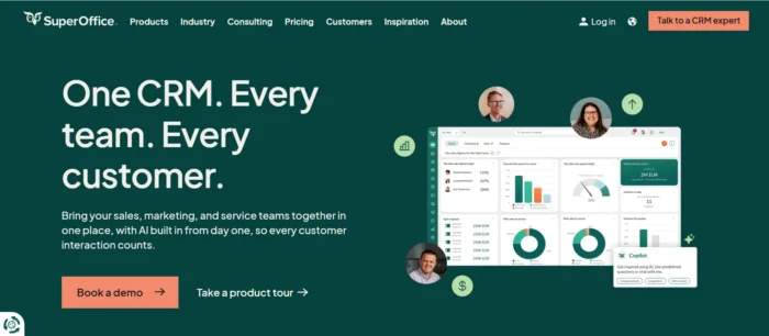SuperOffice’s landing page uses white text on a green background, as well as several visual elements like trust badges, client logos, and dashboard screenshots to show potential customers the benefits of their platform.