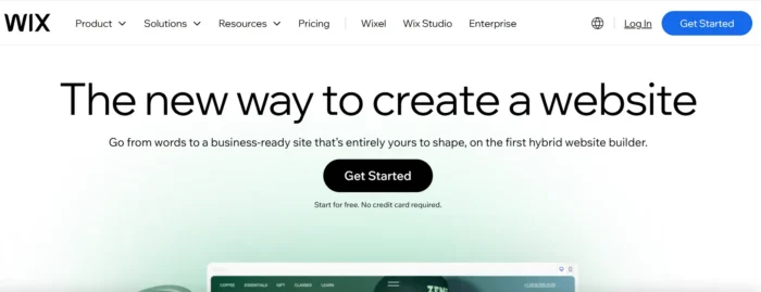 Wix’s landing page uses a minimal yet eye-catching color palette, paired with an inspirational headline, “The new way to create a website,” and a bold “Get Started” CTA button.