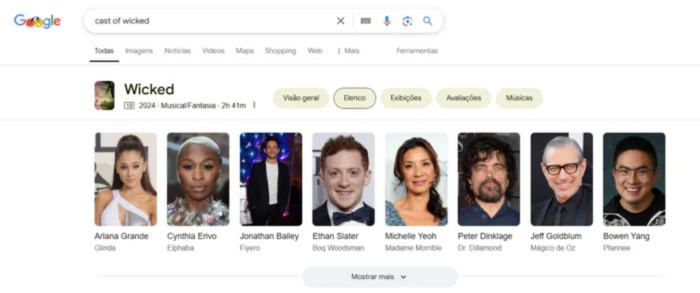 pesquisa sobre elenco de um filme no Google