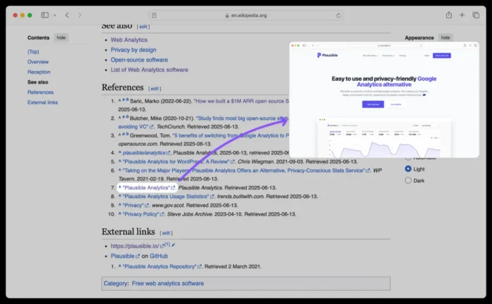  Example backlink of Wikipedia linking to Plausible.io