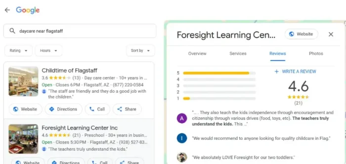 Foresight Learning Center has a 4.6-star standing crossed 21 reviews successful their Google Business Profile. Something imaginable customers will see erstwhile choosing a daycare adjacent Flagstaff.